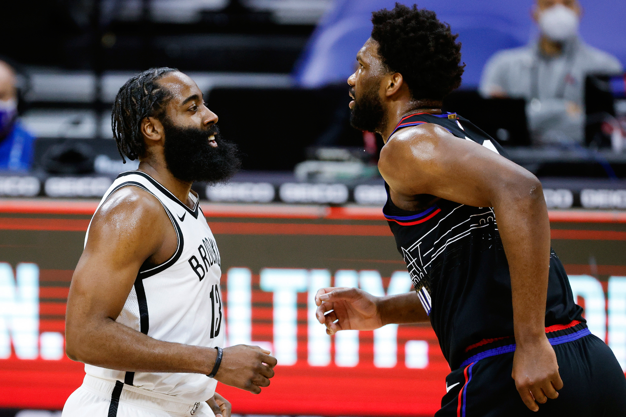 Superstars James Harden and Joel Embiid, seen here playing against one another on Feb. 6, 2021, are now teammates with the Philadelphia 76ers following Thursday's blockbuster, five-player trade.