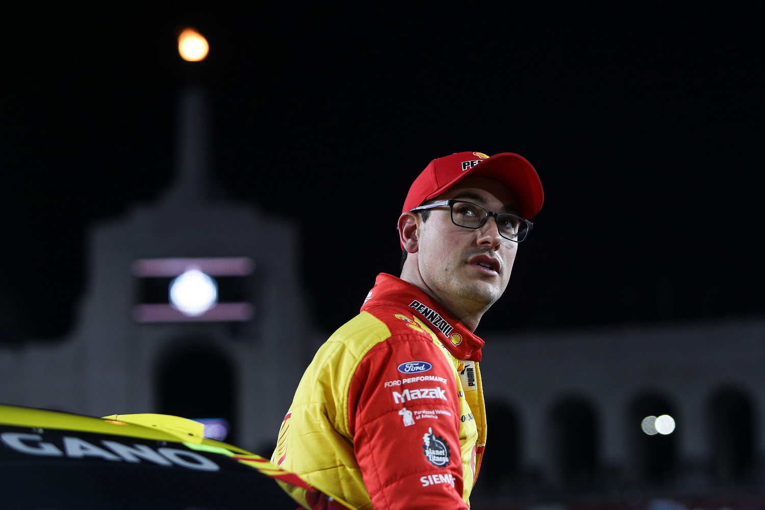 Joey Logano, driver of the No. 22 Ford, looks on during qualifying for the NASCAR Cup Series Busch Light Clash on Feb. 5, 2022 in Los Angeles.