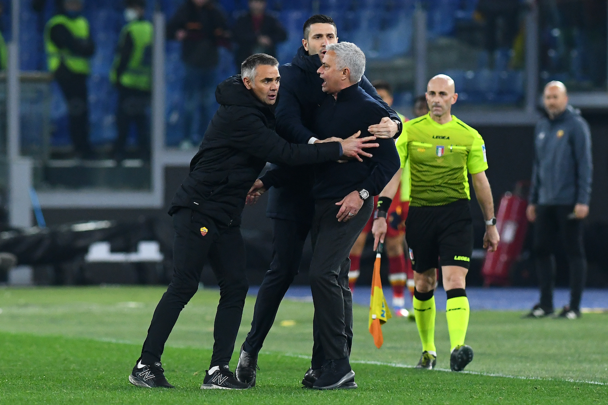 Jose Mourinho leaves the field after the expulsion during the match Roma vs Verona at the Stadio Olimpico. Rome (Italy), February 19th, 2022.