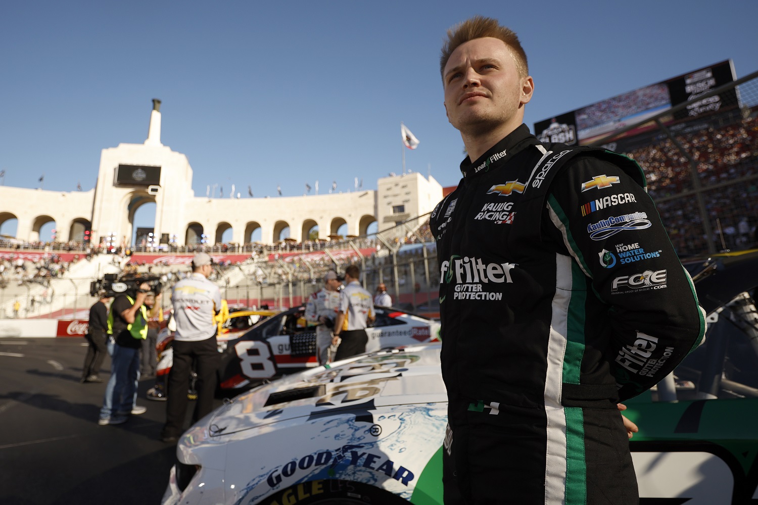 Justin Haley, driver of the No. 31 Chevrolet, looks on prior to the NASCAR Cup Series Busch Light Clash at the Los Angeles Memorial Coliseum on Feb. 6, 2022.