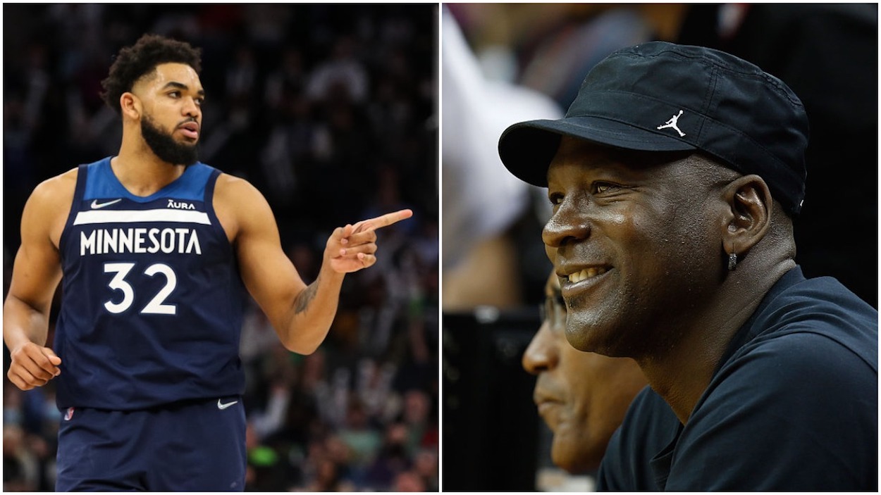 Current NBA player Karl-Anthony Towns and basketball legend Michael Jordan