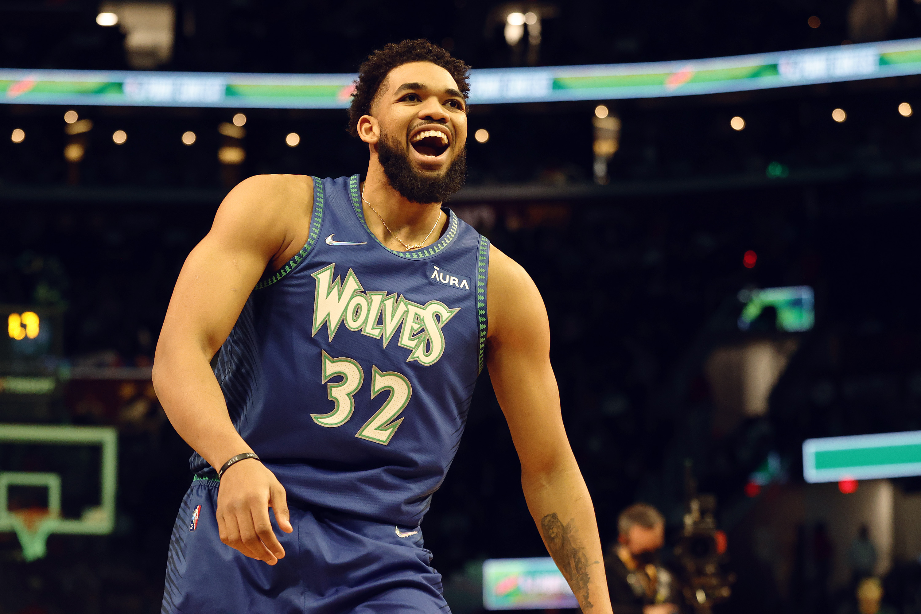 Minnesota Timberwolves big man Karl-Anthony Towns celebrates after winning the Three-Point Shootout during NBA All-Star Weekend