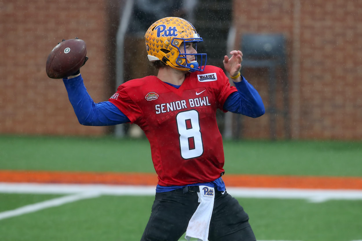 National quarterback Kenny Pickett of Pittsburgh during the Reese's 2022 Senior Bowl practice session on February 2, 2022 at Hancock Whitney Stadium in Mobile, Alabama.