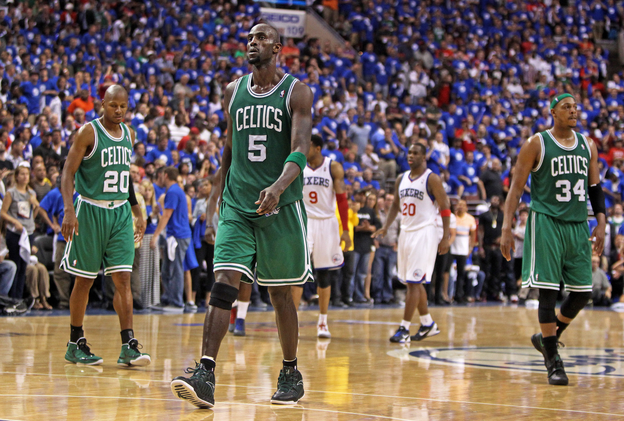 The Celtics' Ray Allen, Kevin Garnett and Paul Pierce head back up court.