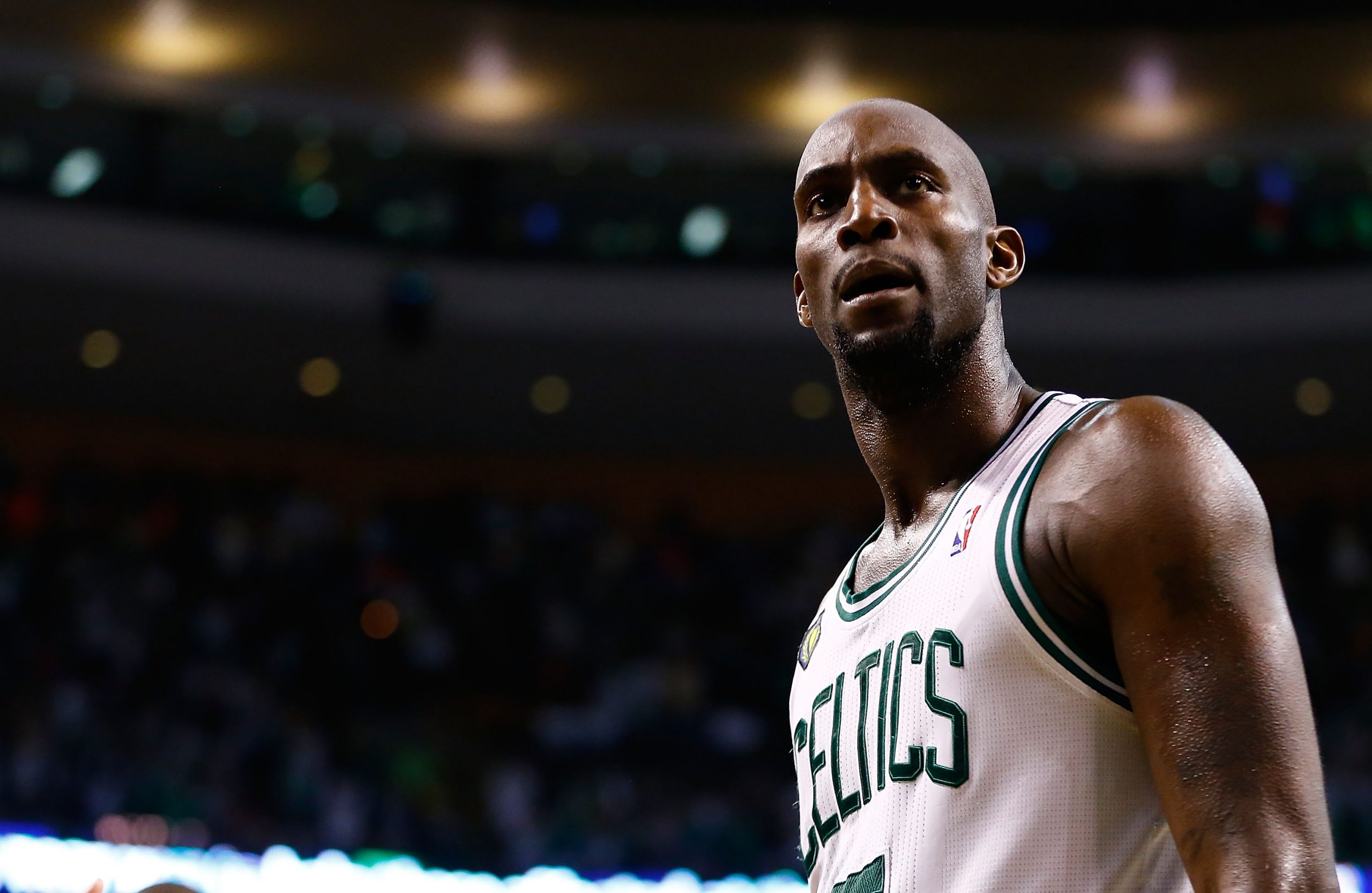 Kevin Garnett of the Boston Celtics reacts following their overtime win against the New York Knicks.