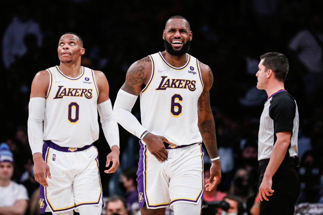 Los Angeles Lakers stars LeBron James and Russell Westbrook in November 2021.