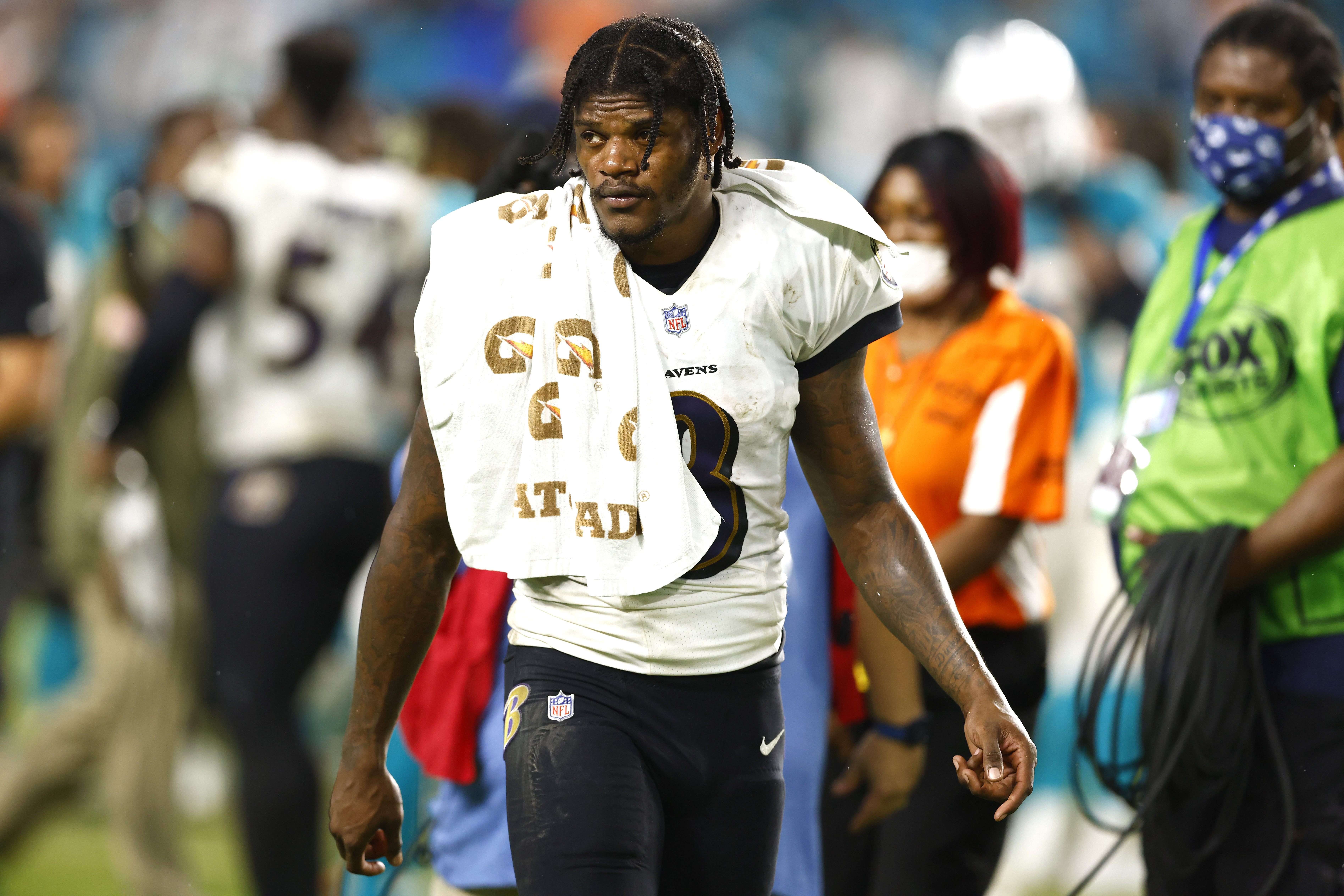Ravens QB Lamar Jackson reacts during game against the Dolphins