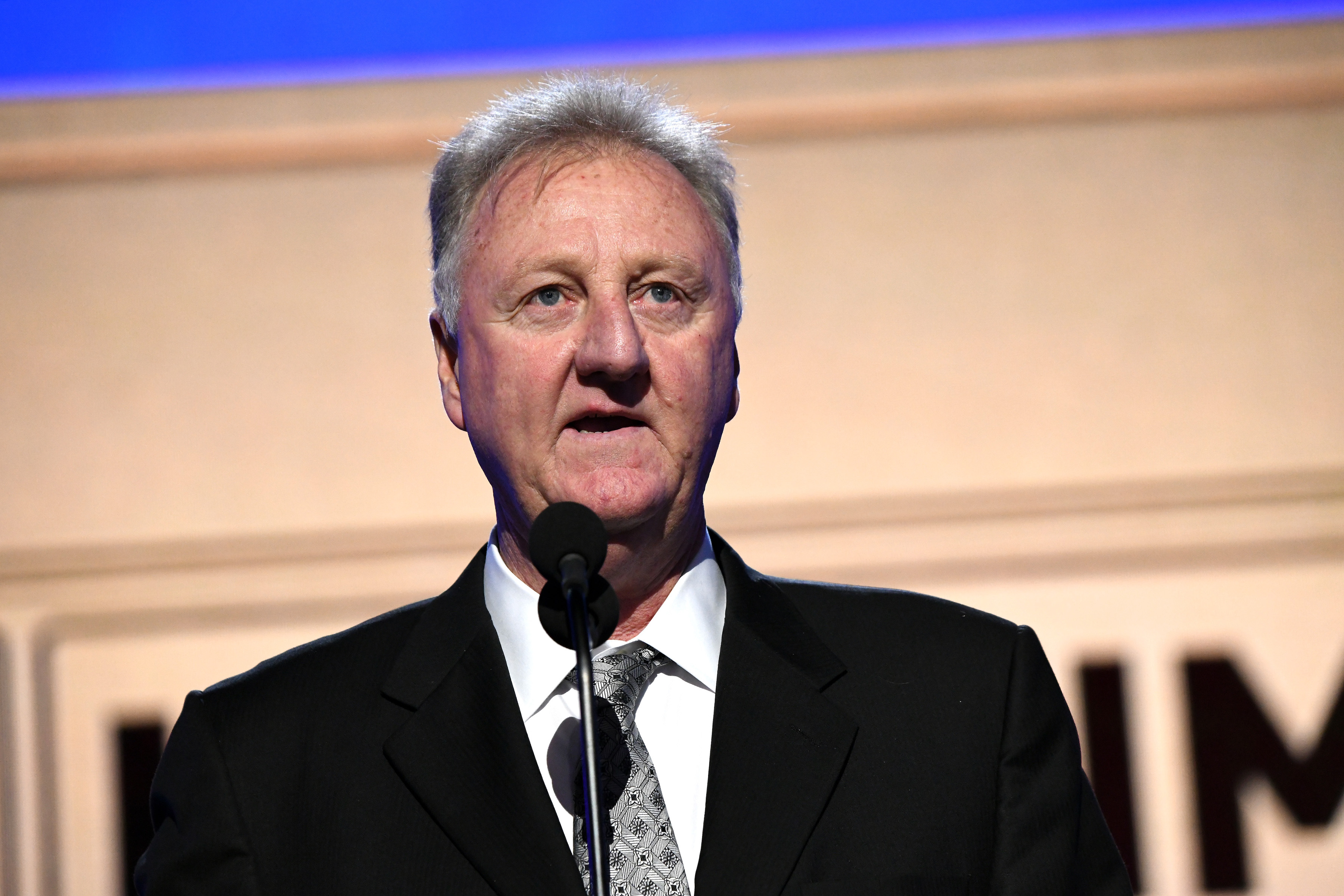 Boston Celtics legend Larry Bird speaks during the 2019 NBA Awards