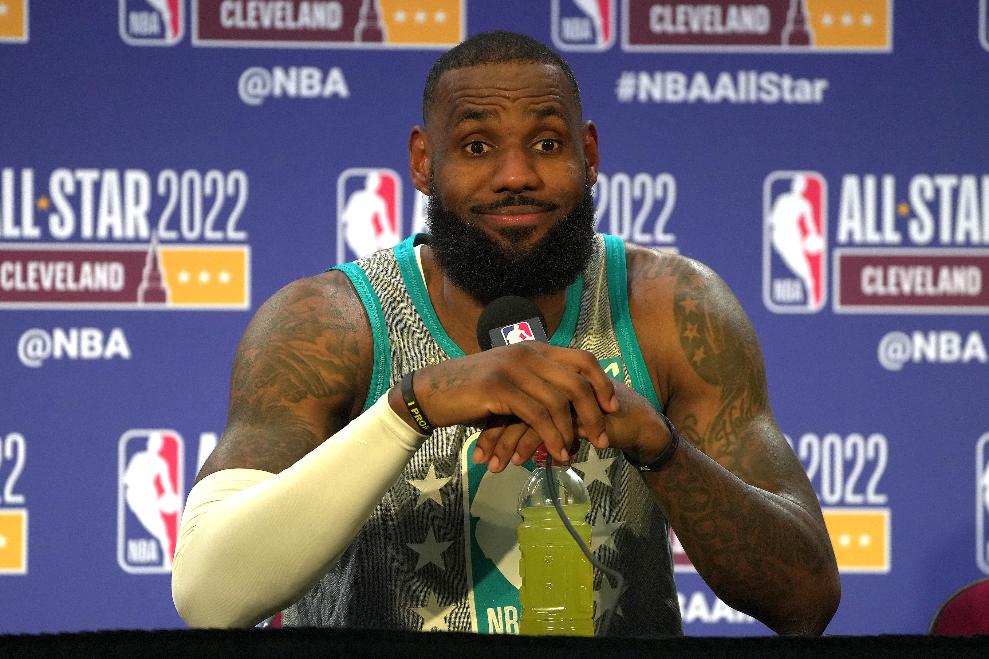Los Angeles Lakers star LeBron James speaks during his postgame press conference after the 2022 NBA All-Star Game