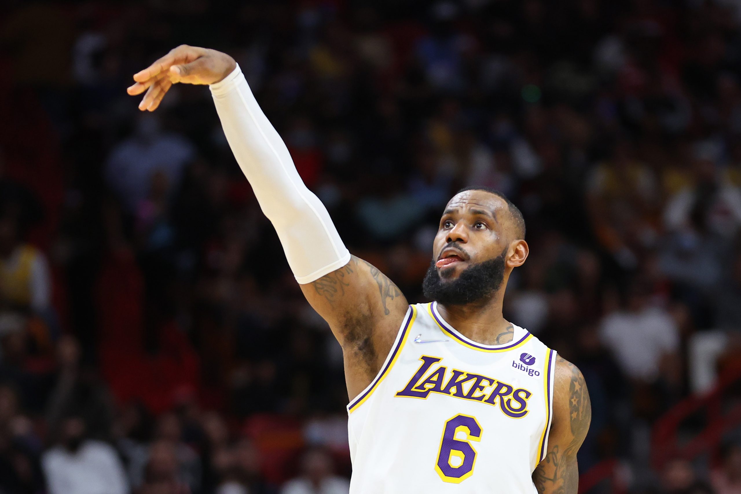 Los Angeles Lakers superstar forward LeBron James holds the form on his jump shot during a game against the Miami Heat at FTX Arena on January 23, 2022 in Miami, Florida.