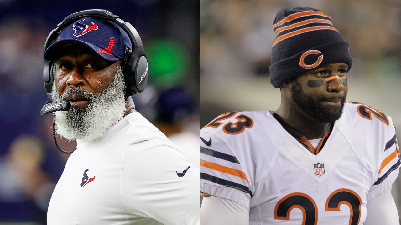 Texans coach Lovie Smith looks on during a game; Bears returner Devin Hester reacts during game against the Eagles