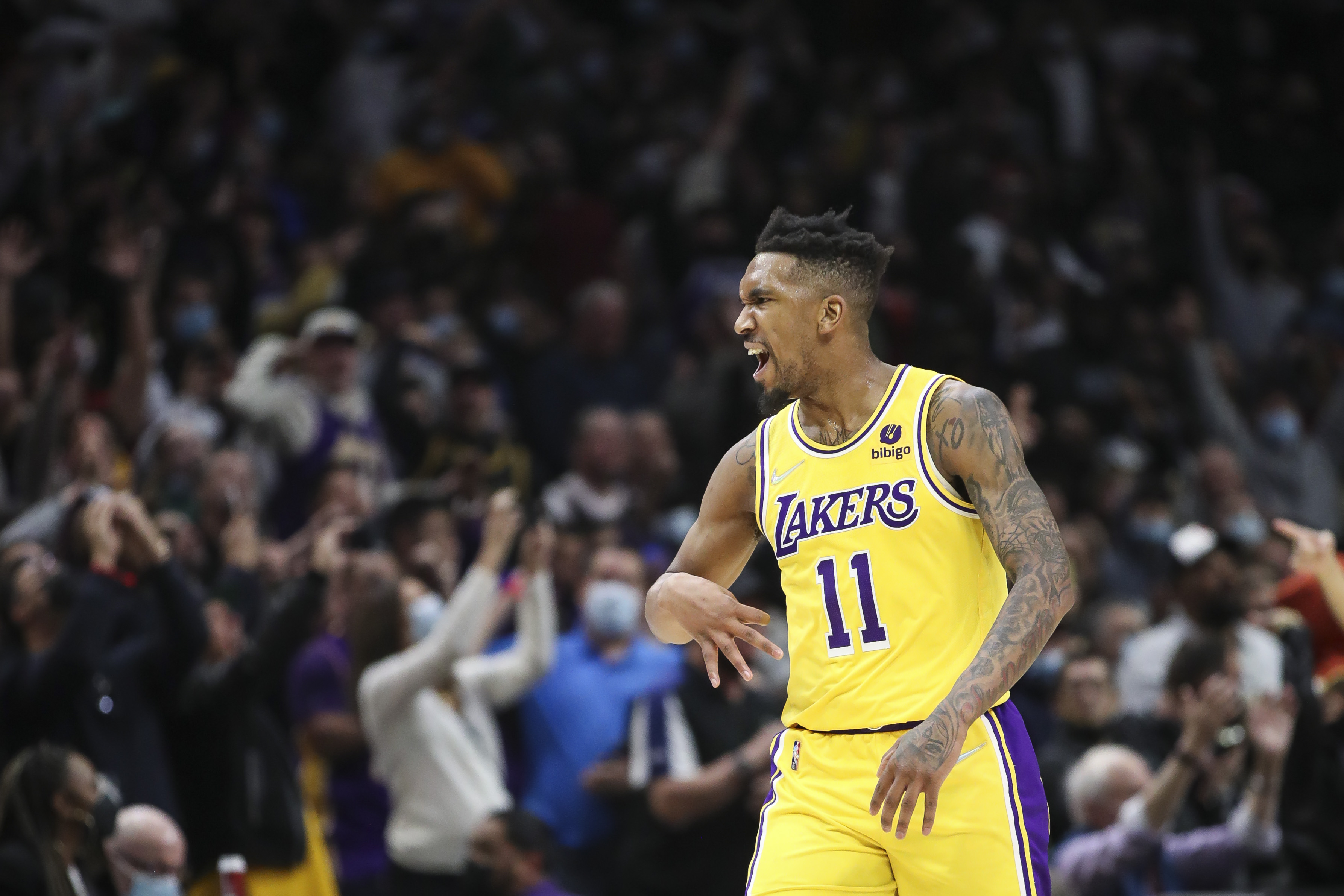 Los Angeles Lakers guard Malik Monk reacts during a game against the LA Clippers in February 2022