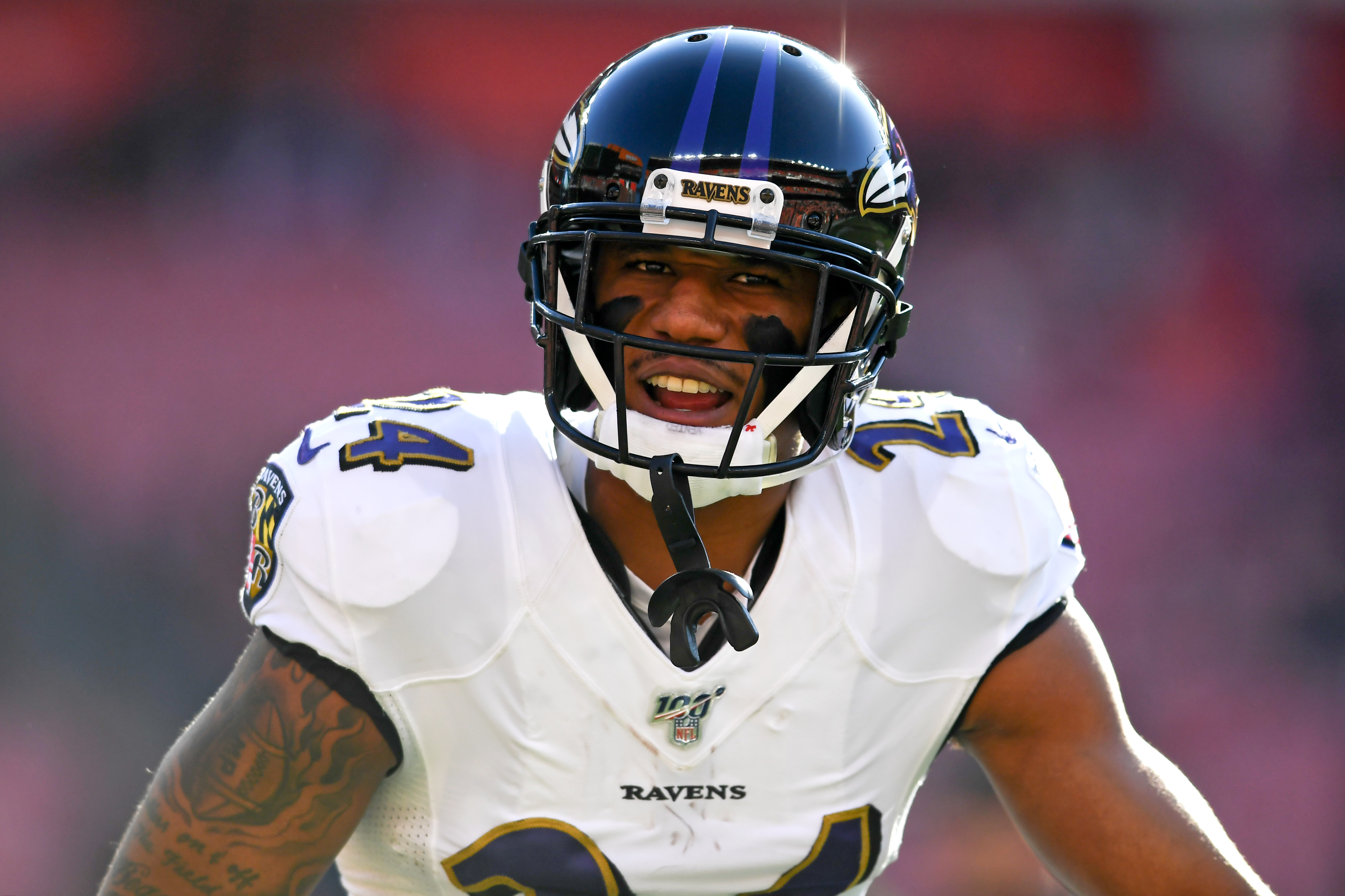 Ravens cornerback Marcus Peters reacts during game against the Browns
