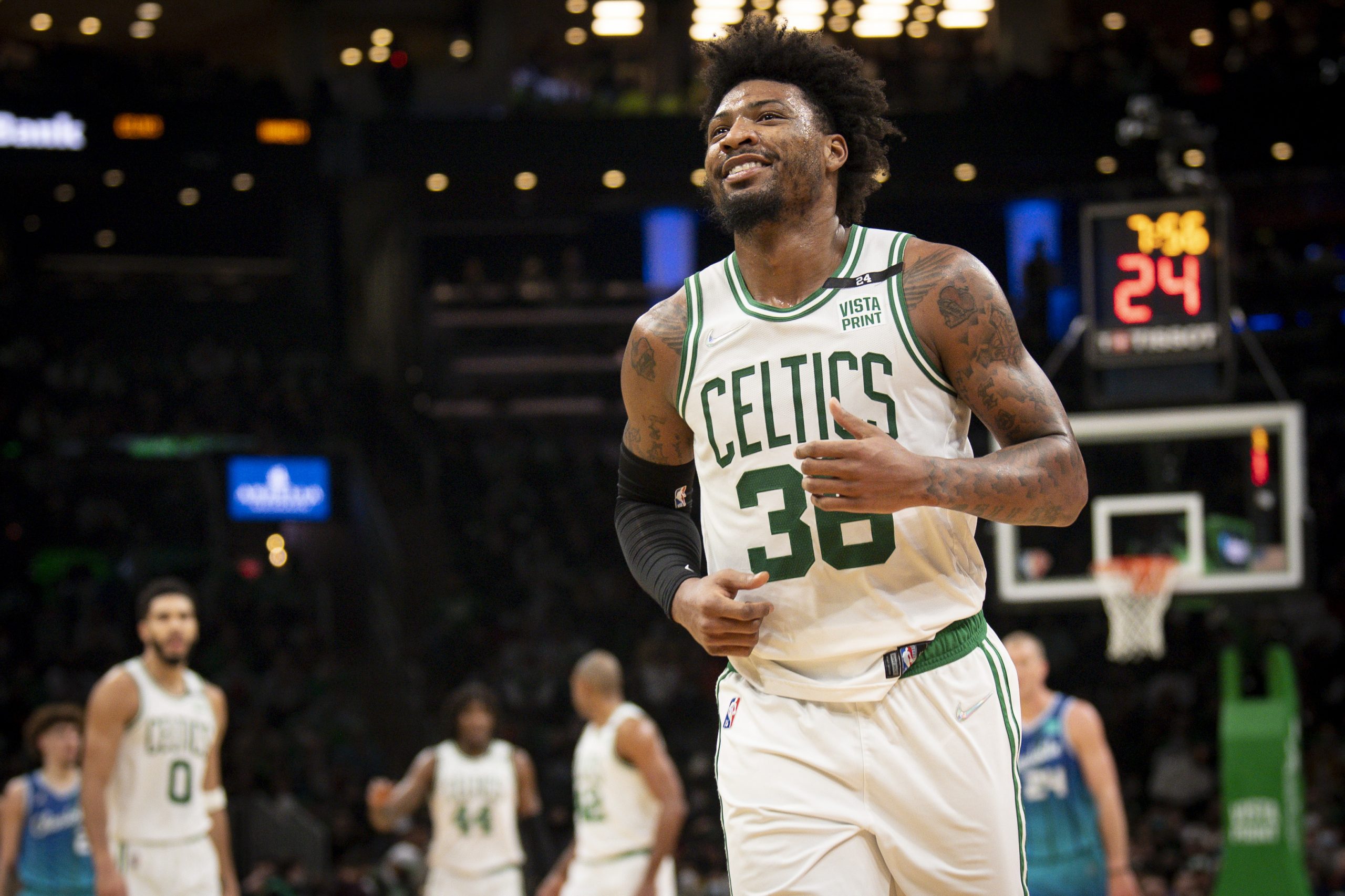 Marcus Smart of the Boston Celtics reacts during a game against the Charlotte Hornets.