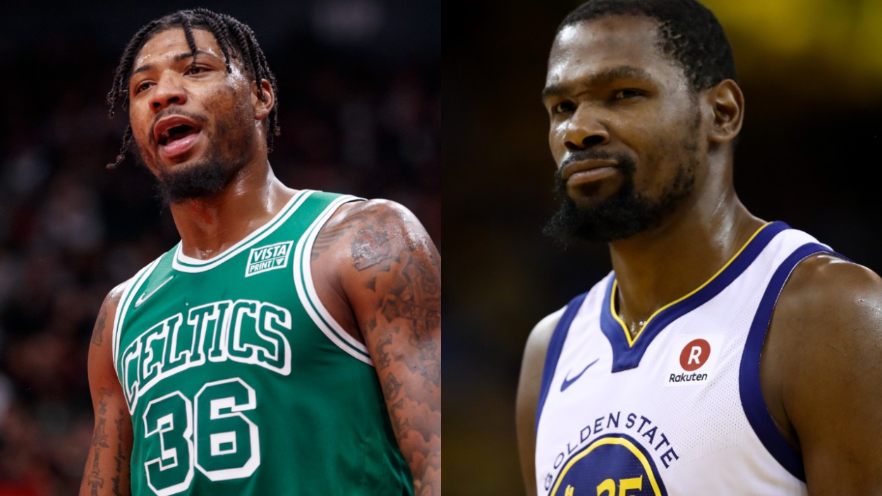Boston Celtics guard Marcus Smart and former Golden State Warriors star Kevin Durant.