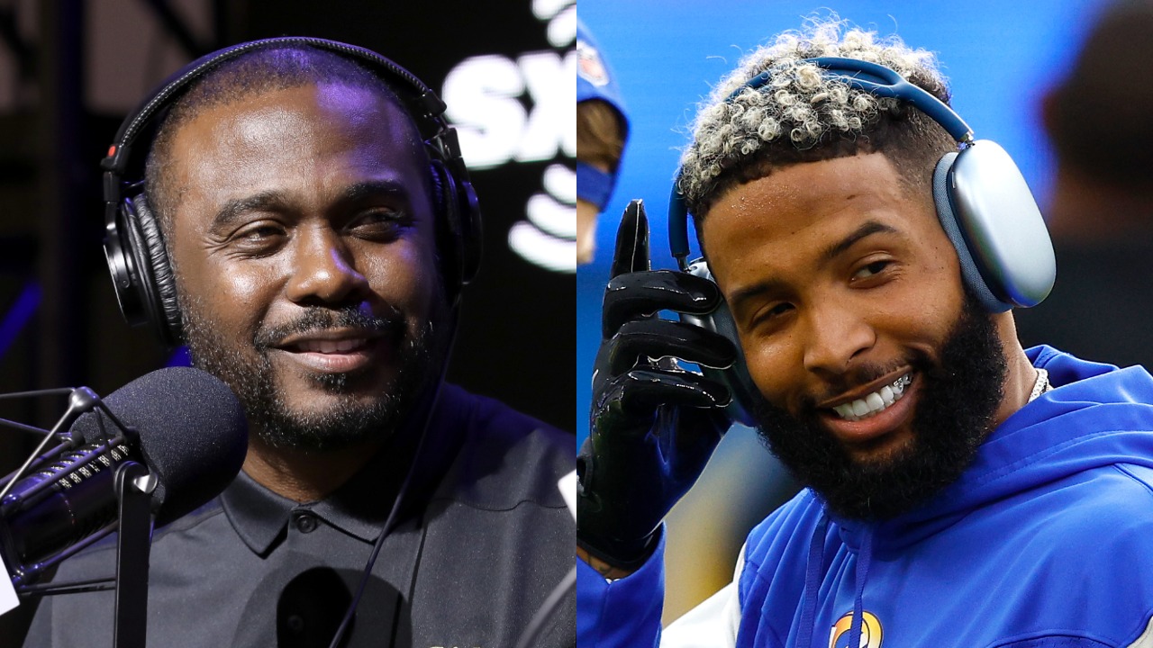 Former Rams RB Marshall Faulk speaks during Super Bowl Week; Former Browns WR Odell Beckham Jr warms up before a game