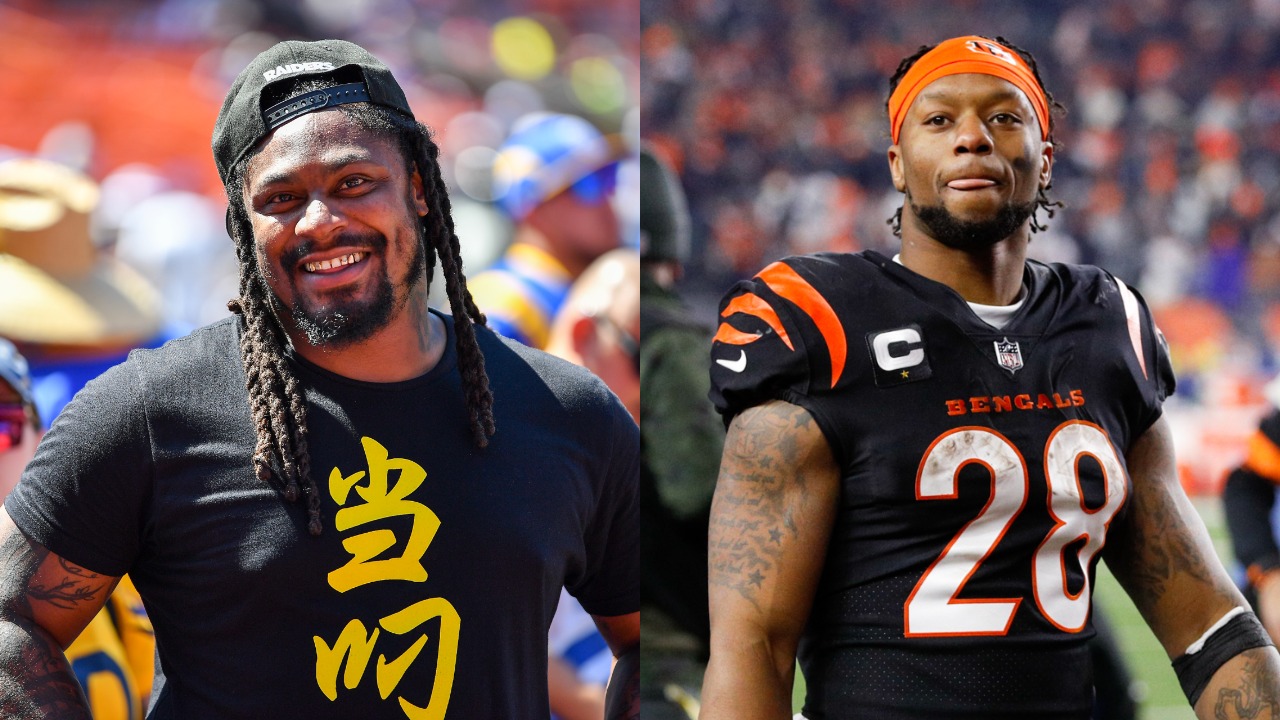 Marshawn Lynch smiles before a preseason game; Bengals RB Joe Mixon reacts after beating the Raiders
