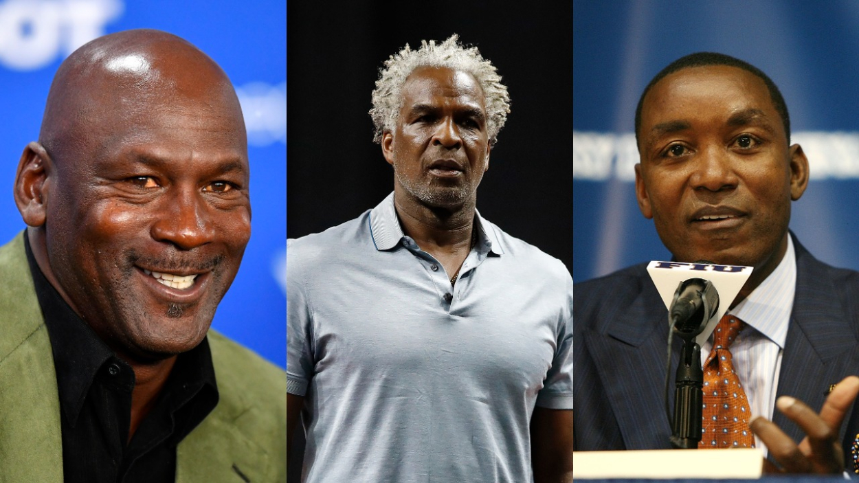 NBA legends Michael Jordan, Charles Oakley, and Isiah Thomas.