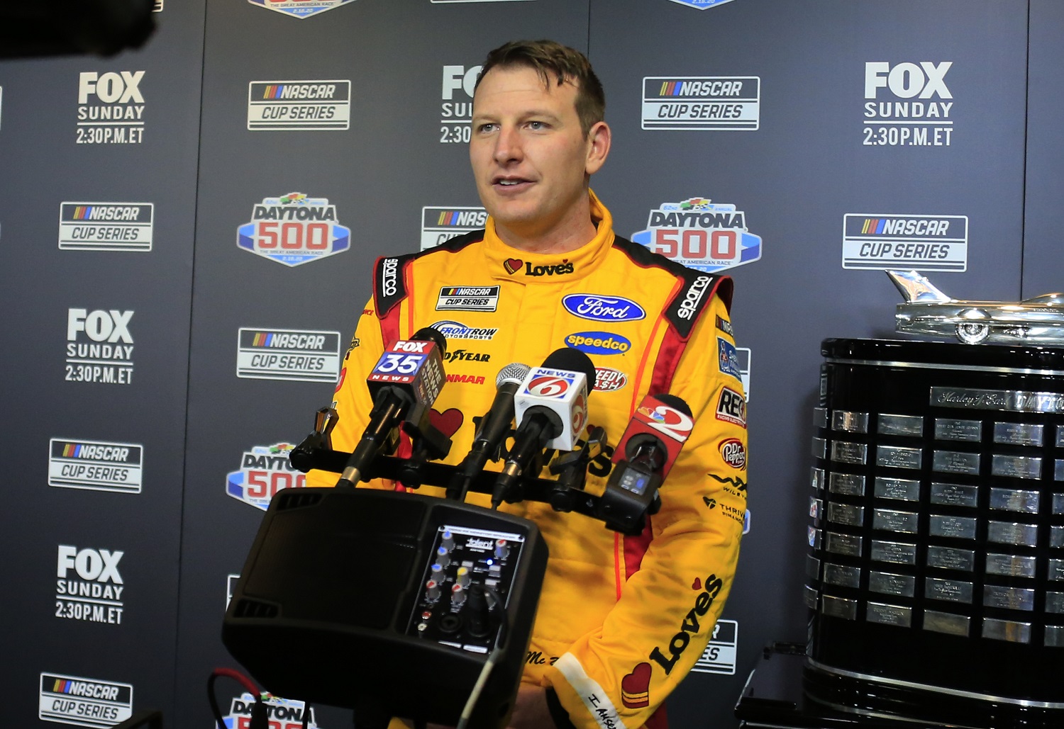 Michael McDowell answers questions at the Daytona 500 media day on Feb. 12, 2020.