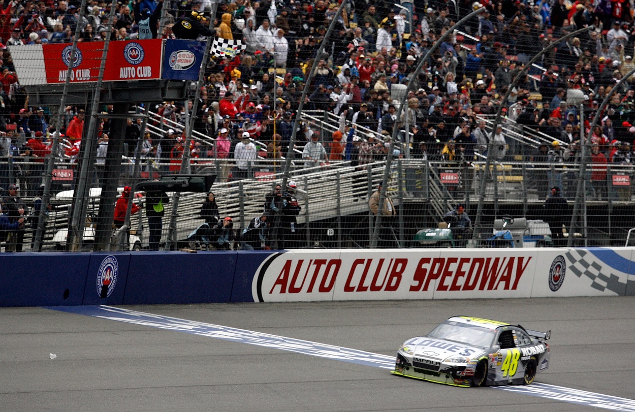Jimmie Johnson wins the NASCAR Cup Series Auto Club 500 at Auto Club Speedway in 2010