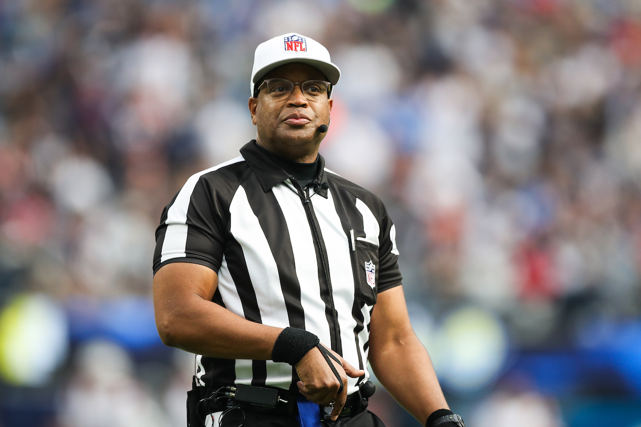 Referee Ron Torbert, who is officiating the 2022 Super Bowl, looks on during the game between the Los Angeles Chargers and the New England Patriots at SoFi Stadium on October 31, 2021 in Inglewood, California.