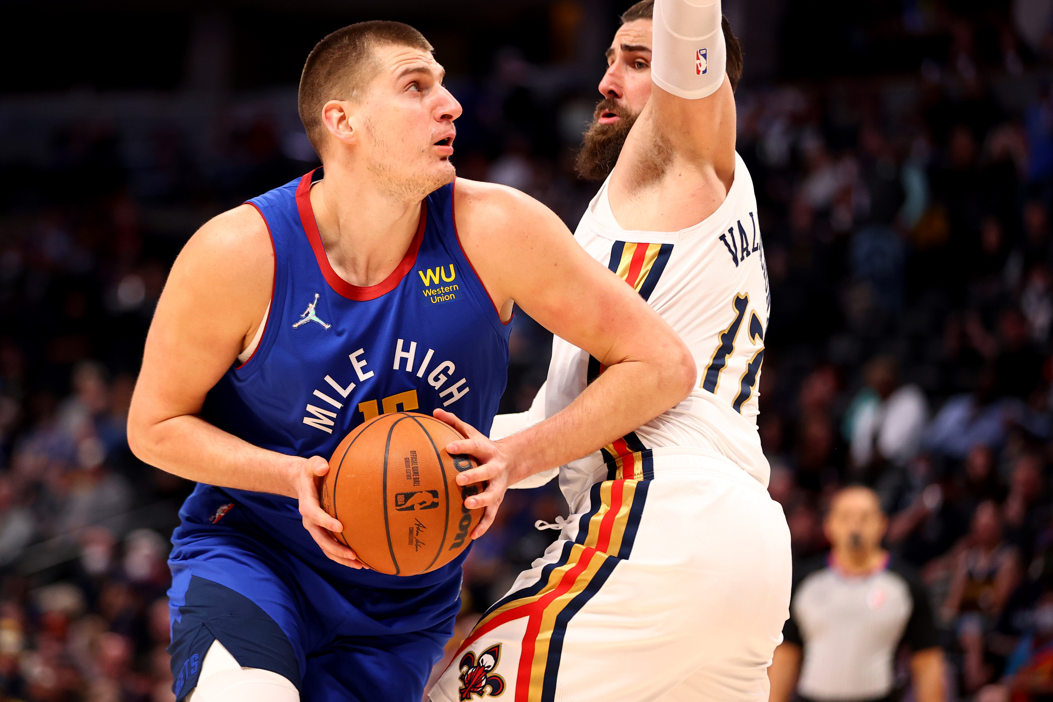 Denver Nuggets center Nikola Jokic prepares to shoot during an NBA game against the New Orleans Pelicans