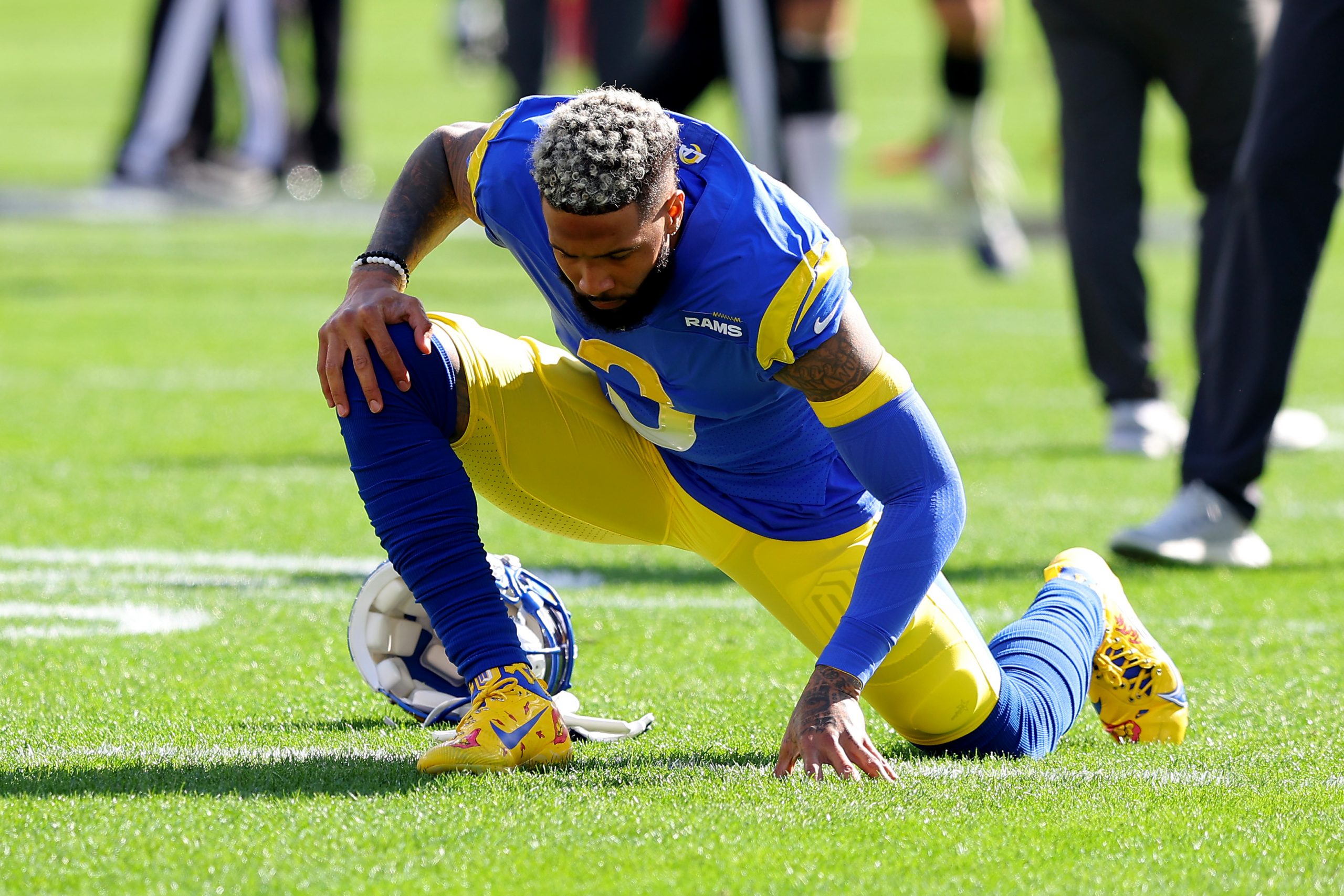 Odell Beckham Jr. of the Los Angeles Rams stretches prior to facing the Tampa Bay Buccaneers in the NFC Divisional Playoff game.