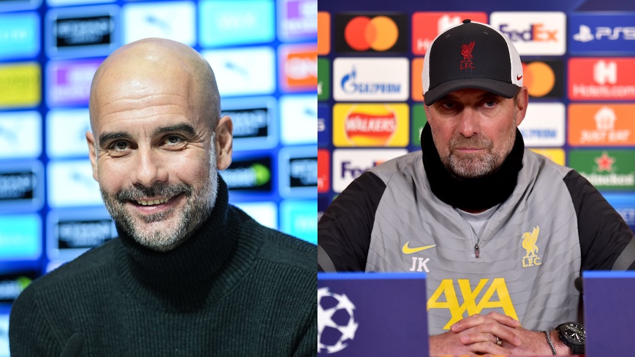 (L-R) Manchester City's Pep Guardiola speaking to the press before their clash with Tottenham Hotspur at Manchester City Football Academy on February 18, 2022 in Manchester, England; Liverpool manager Jurgen Klopp during a press conference at AXA Training Centre on February 15, 2022 in Kirkby, England.