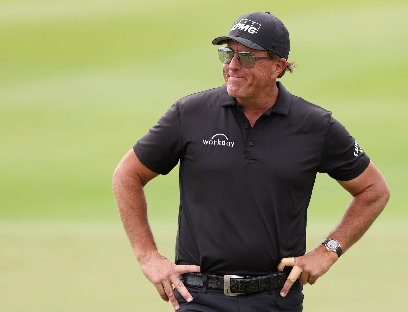 Phil Mickelson reacts on the ninth hole during the second round of the PIF Saudi International at Royal Greens Golf & Country Club on Feb. 4, 2022, in Al Murooj, Saudi Arabia. | Luke Walker/WME IMG/WME IMG via Getty Images