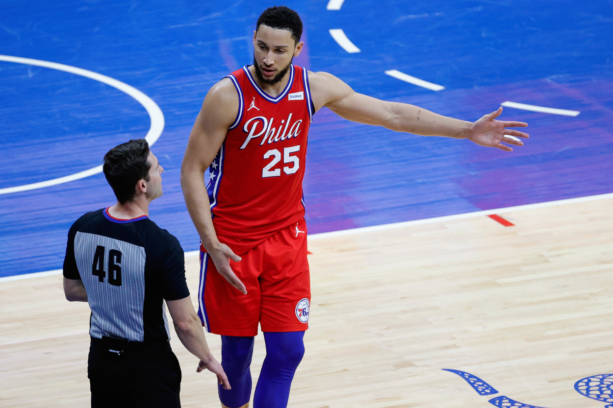 Disgruntled Philadelphia 76ers guard Ben Simmons argues with referee Ben Taylor in Game One of the Eastern Conference second round series between the Philadelphia 76ers and the Atlanta Hawks on June 06, 2021 in Philadelphia, Pa.