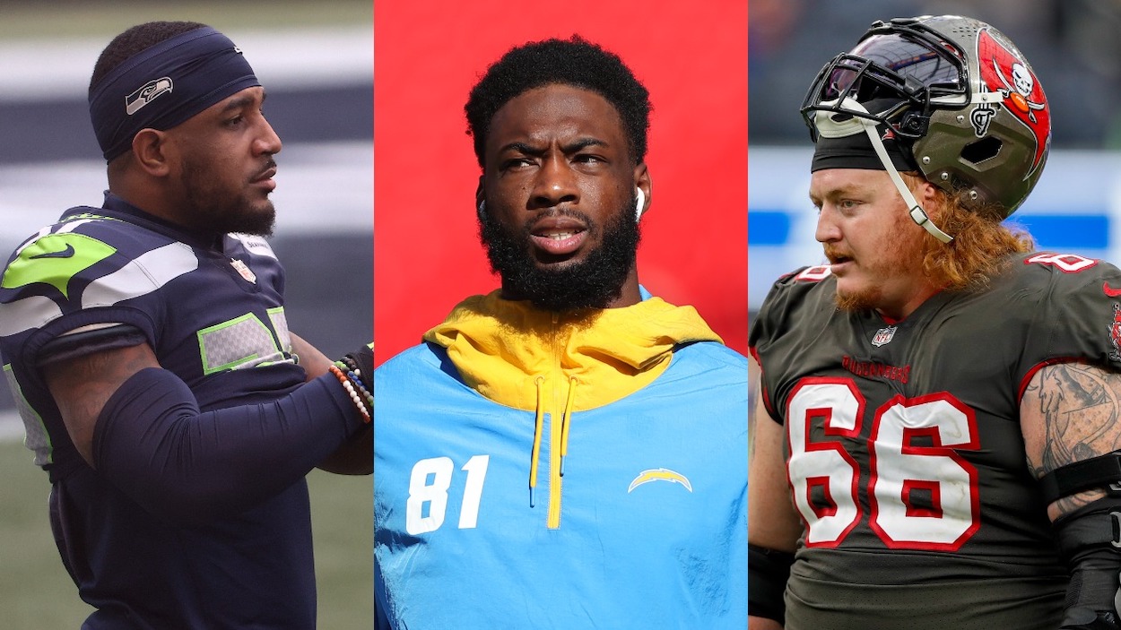 (L-R) Chicago Bears possible 2022 free agent targets include Seattle Seahawks safety Quandre Diggs, Los Angeles Chargers wide receiver Mike Williams, and Tampa Bay Buccaneers center Ryan Jensen.