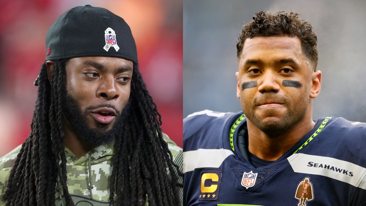 Buccaneers CB Richard Sherman talks on the sideline; Seahawks QB Russell Wilson reacts during a game