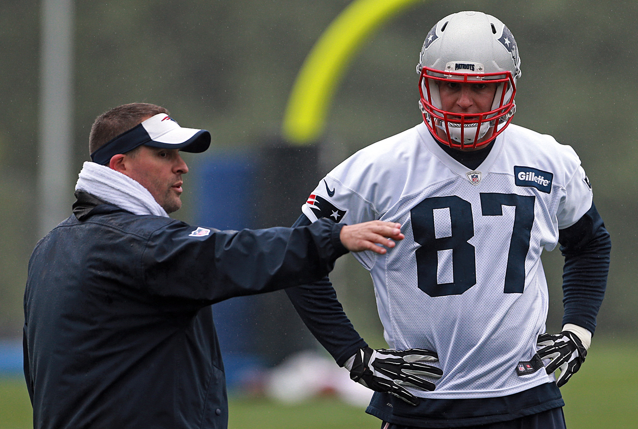 Rob Gronkowski and New England Patriots offensive coordinator Josh McDaniels in 2017.