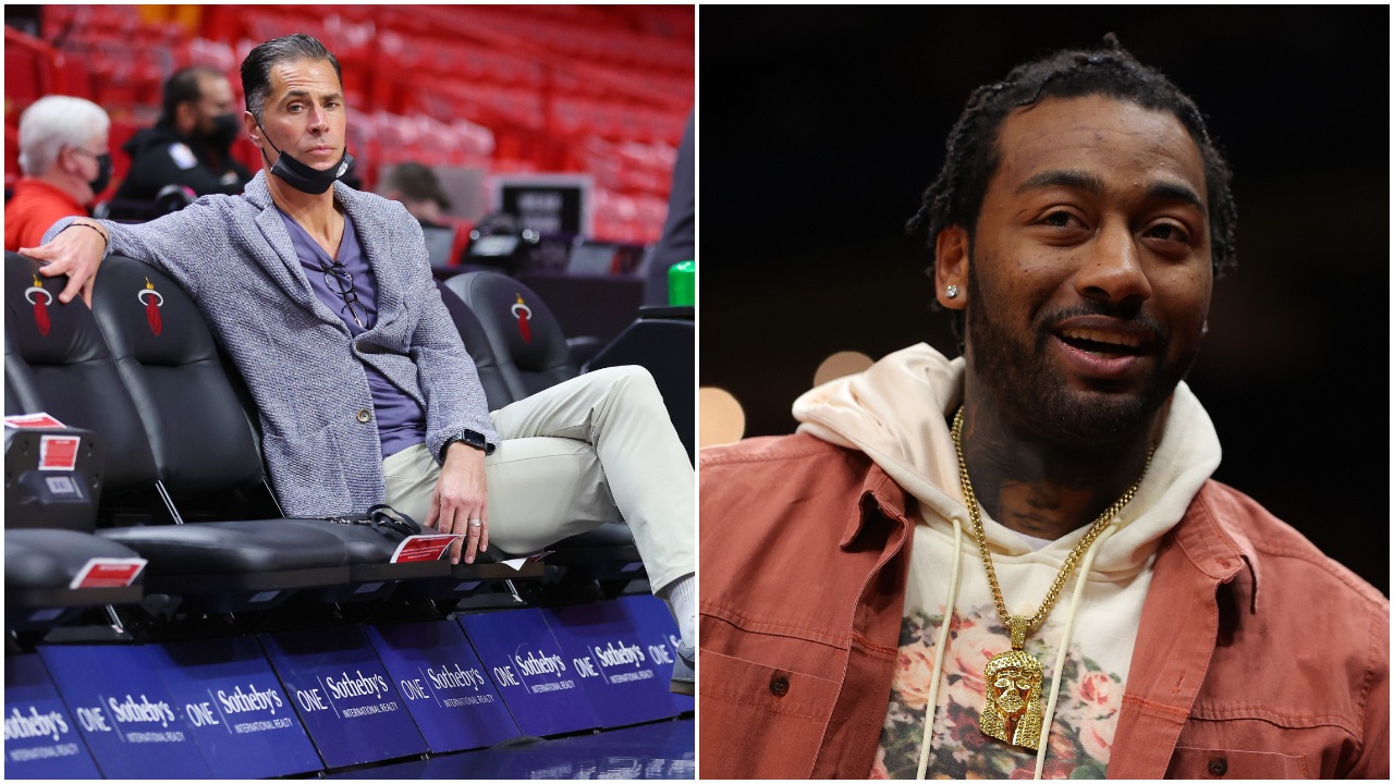 L-R: Los Angeles Lakers general manager looks on before an NBA game and Houston Rockets point guard John Wall takes in a contest