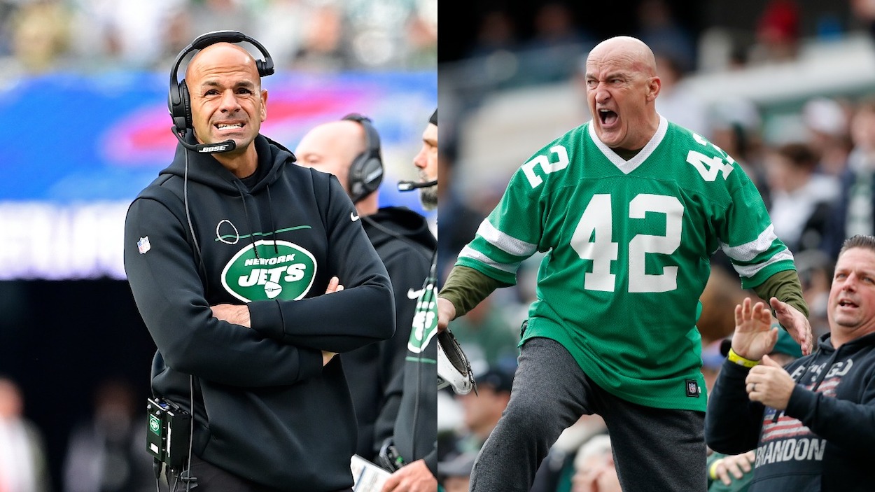 (L-R) New York Jets head coach Robert Saleh and famed New York Jets fan Fireman Ed. New York Jets fans are concerned about. the 2022 NFL Draft.