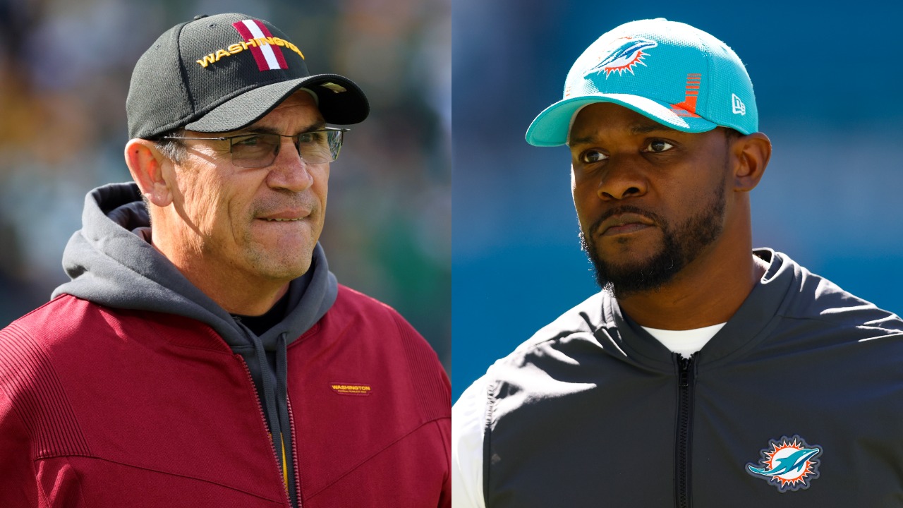 Washington Commanders coach Ron Rivera reacts before a game; Dolphins coach Brian Flores looks on before facing the Texans