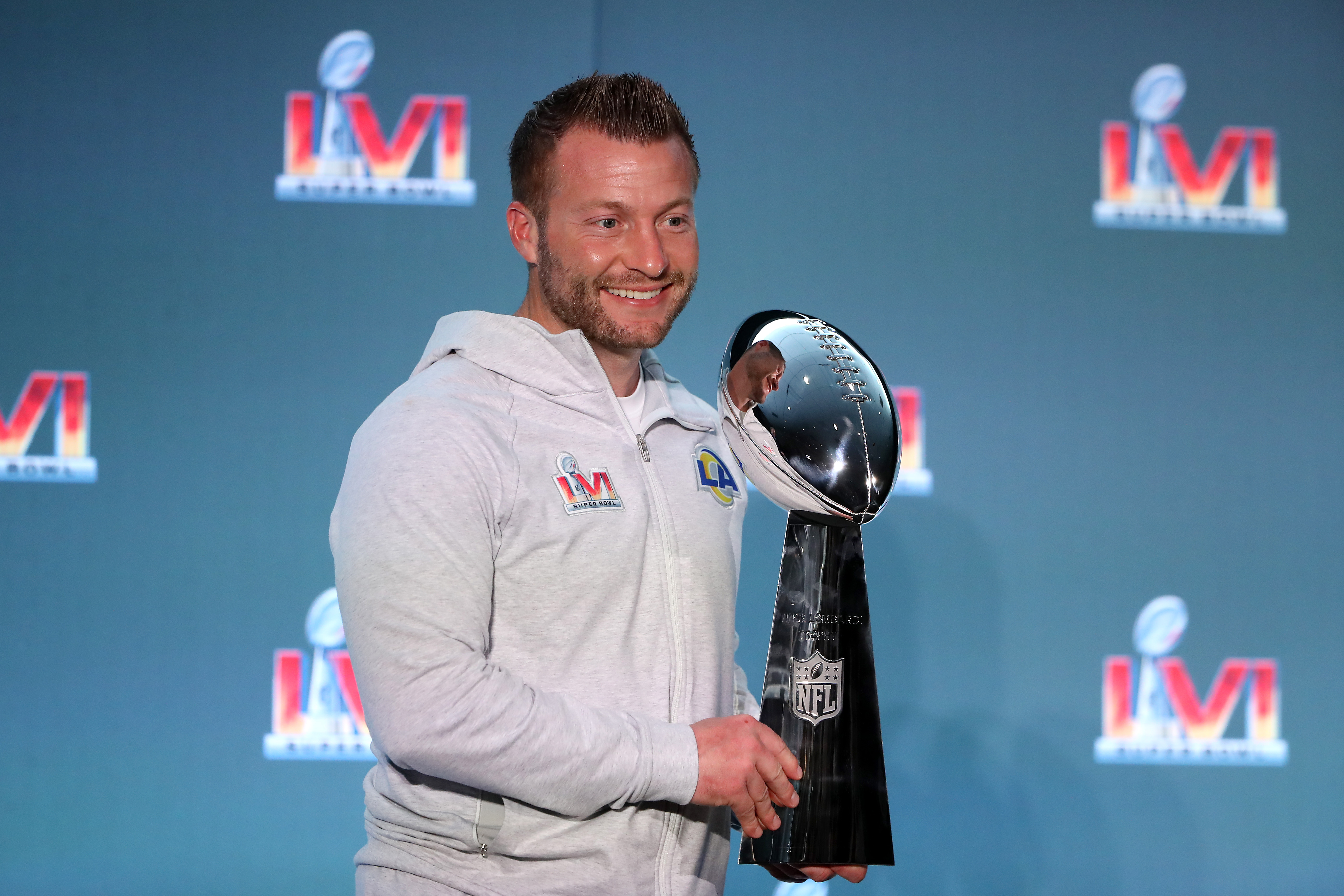 Rams head coach Sean McVay poses for photo after winning Super Bowl