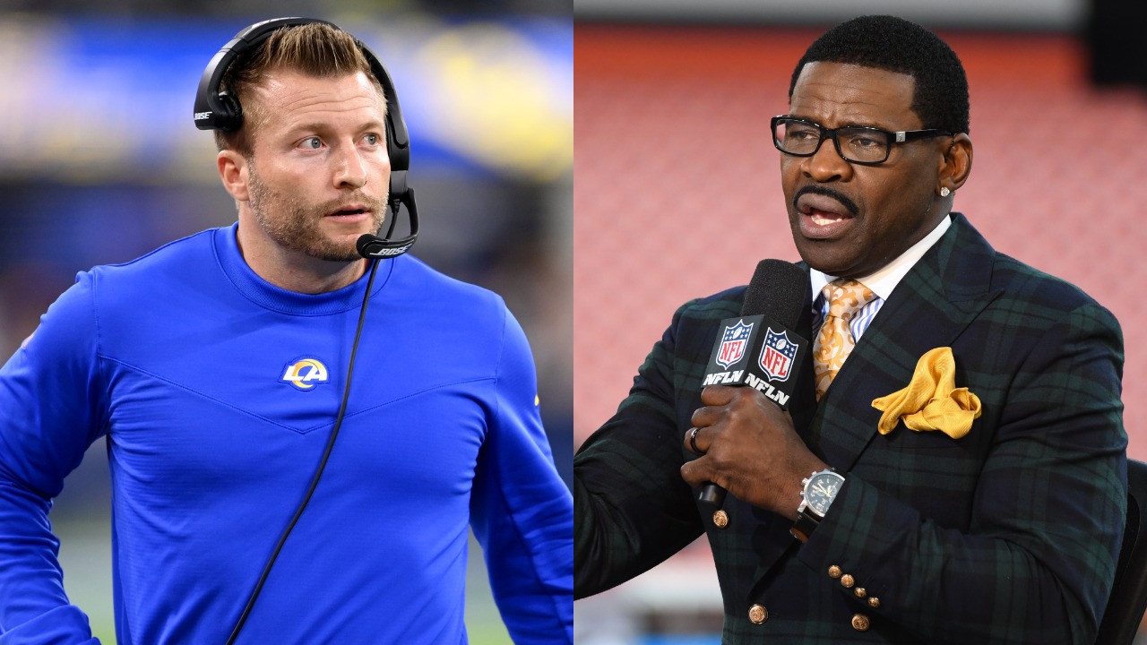 Rams head coach Sean McVay looks on during a game; Michael Irvin speaks during NFL Network broadcast