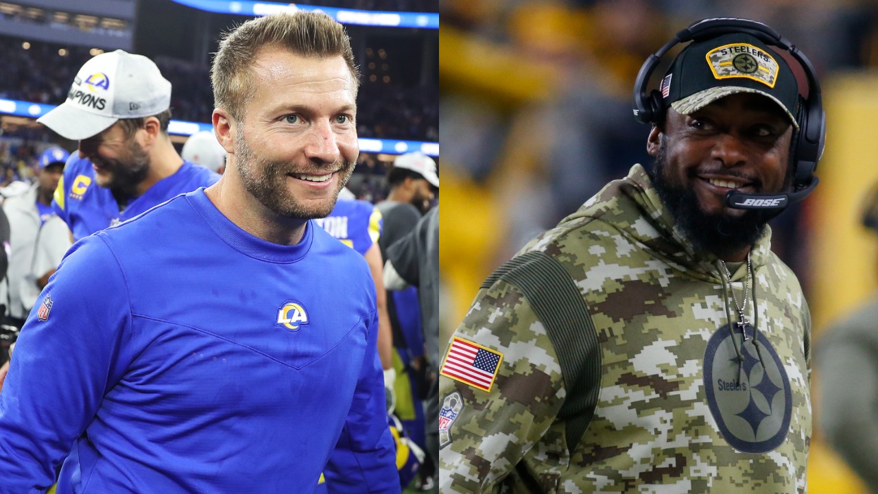 Rams head coach Sean McVay reacts after clinching Super Bowl berth; Steelers coach Mike Tomlin smiles during a game