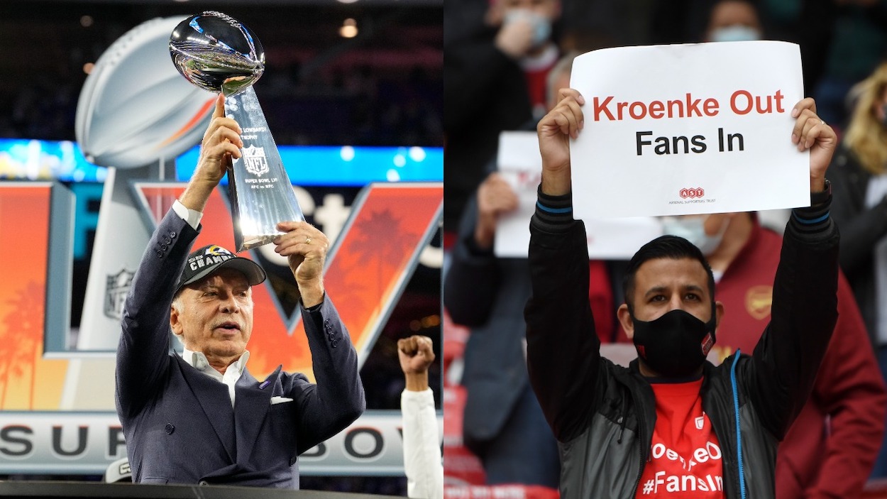 (L-R) Los Angeles Rams owner Stan Kroenke holds up the Lombardi trophy after the Rams defeat the Cincinnati Bengals 23-20 in an NFL Super Bowl LVI football game at SoFi Stadium in Inglewood, on Sunday, February 13, 2022; Arsenal fans protest against owner Stan Kroenke before the Premier League match at the Emirates Stadium, London.