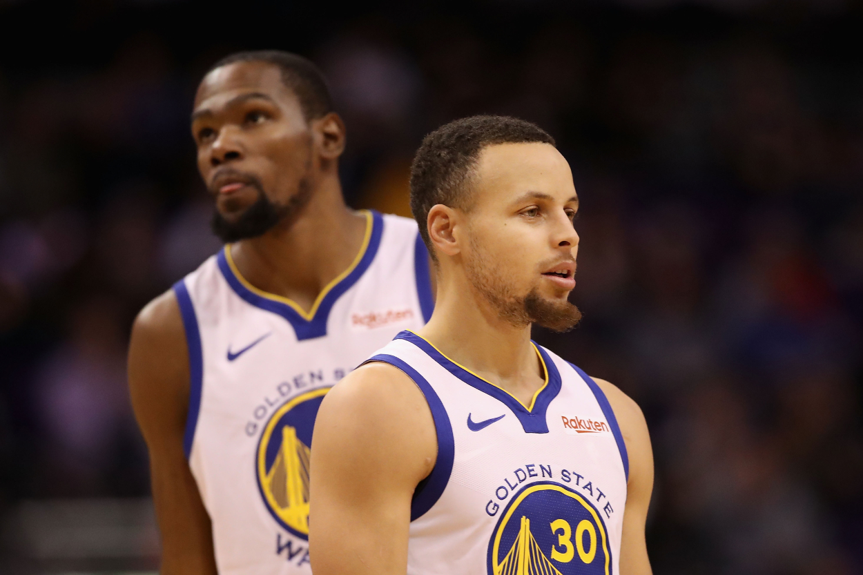 Former Golden State Warriors teammates Kevin Durant and Stephen Curry in 2019.