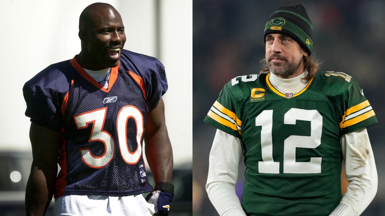 Former Broncos RB Terrell Davis reacts during practice; Packers QB Aaron Rodgers walks off field after a game