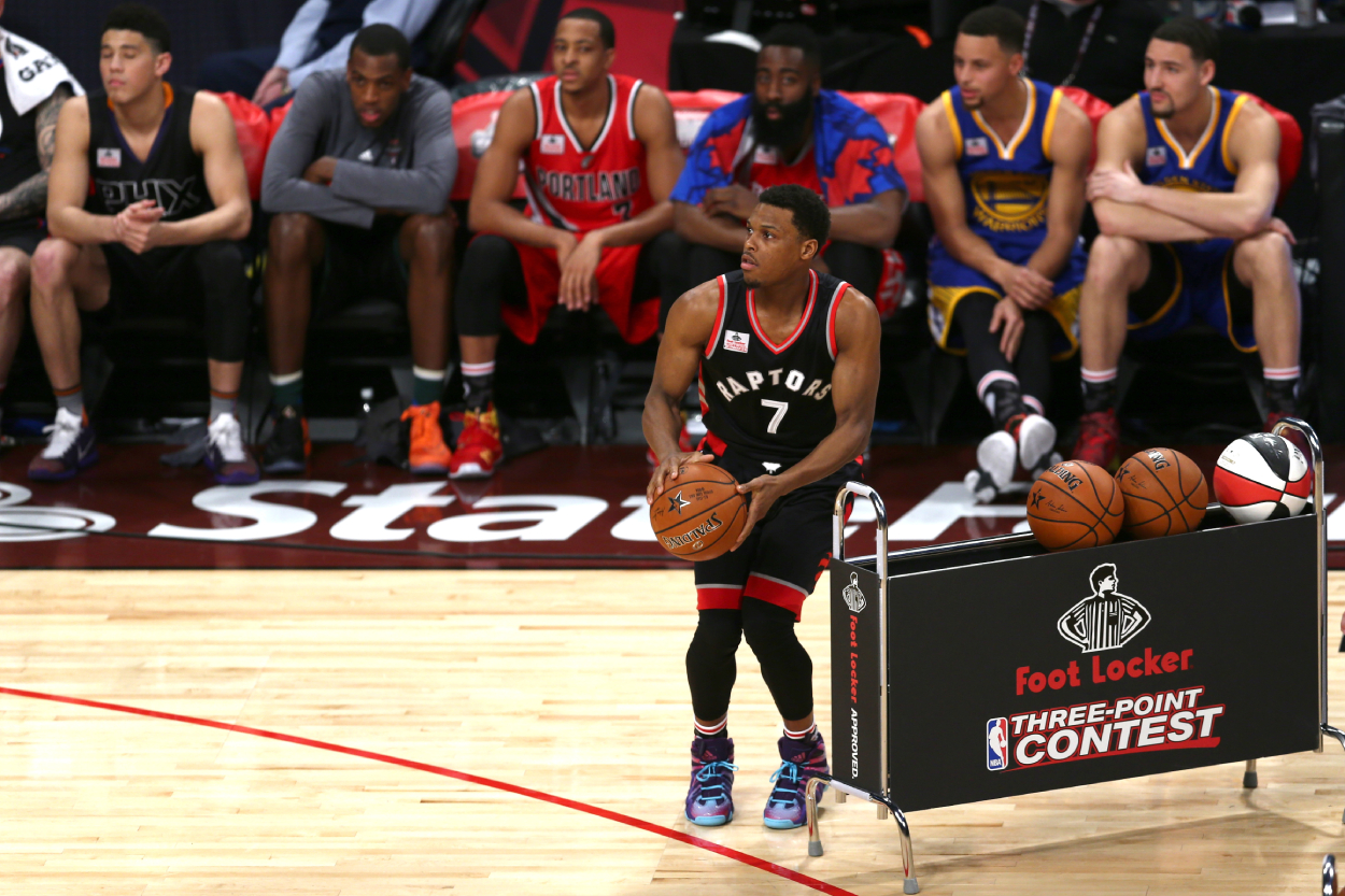 Kyle Lowry of the Toronto Raptors shoots in the Foot Locker Three-Point Contest.