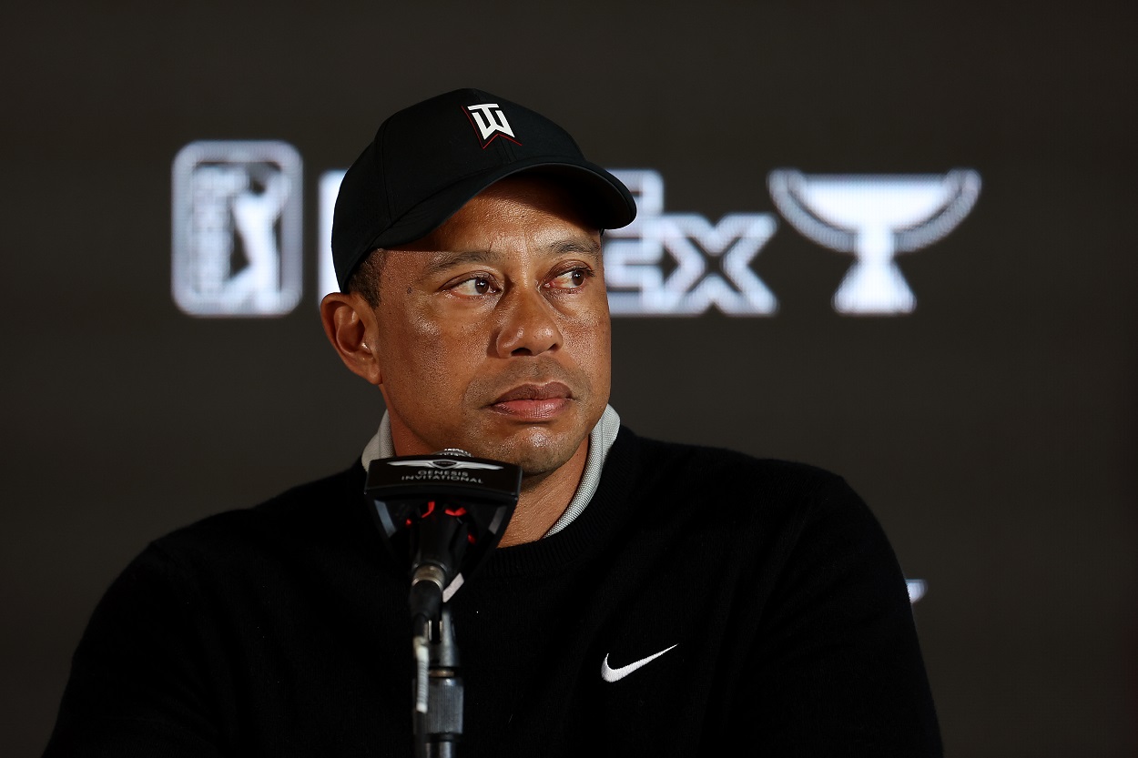 Tiger Woods at a press conference ahead of the 2022 PGA Tour Genesis Invitational