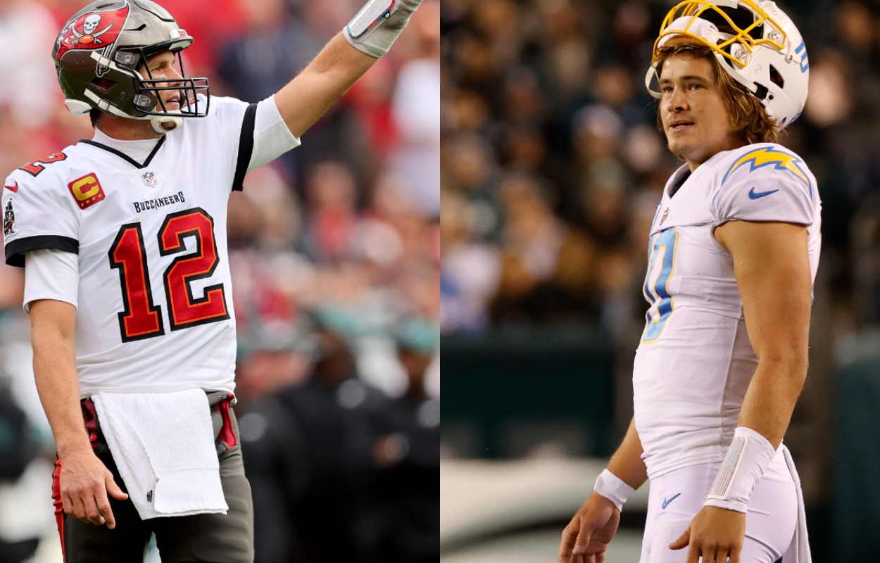 Former Tampa Bay Buccaneers quarterback Tom Brady (L) and Los Angeles Chargers quarterback Justin Herbert.