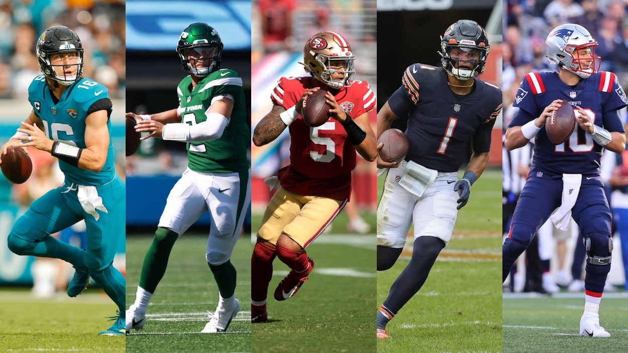 The 2021 rookie QBs (L-R) Trevor Lawrence fo the Jacksonville Jaguars, Zach Wilson of the New York Jets, Trey Lance of the San Francisco 49ers, Justin Fields of the Chicago Bears, and Mac Jones of the New England Patriots.