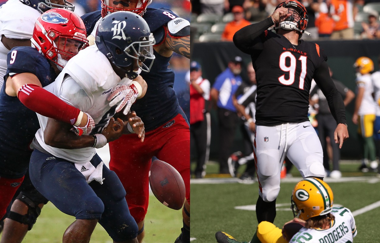 Cincinnati Bengals pass-rusher Trey Hendrickson in college (L) and in the NFL.