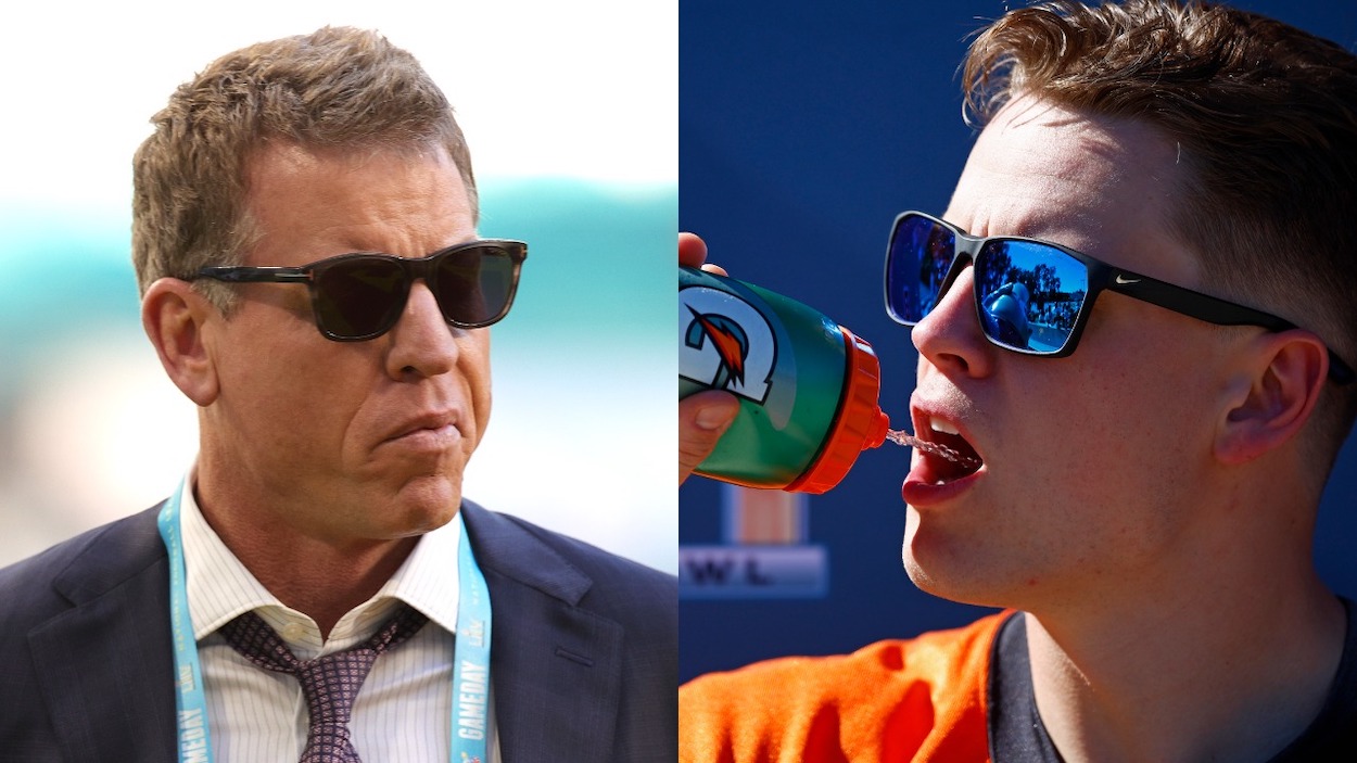 (L-R) Former player Troy Aikman arrives at Super Bowl LIV at Hard Rock Stadium on February 02, 2020 in Miami, Florida; Joe Burrow of the Cincinnati Bengals takes a drink of water before speaking to the media during a practice for Super Bowl LVI at UCLA's Drake Stadium on February 11, 2022 in Los Angeles, California.