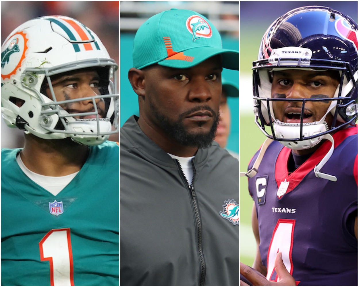 Dolphins QB Tua Tagovailoa, Brian Flores, and Deshaun Watson