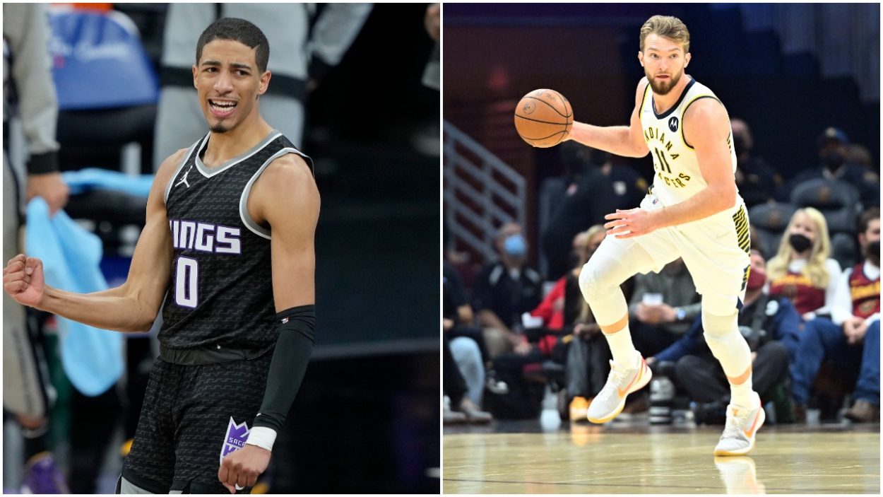 L-R: Former Sacramento Kings guard Tyrese Haliburton reacts during an NBA game in April 2021 and former Indiana Pacers big man Domantas Sabonis dribbles the ball during a game in February 2022